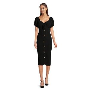New No Boundaries Black Wiggle Midi Dress Puff Sleeve Retro Bow Rockabilly NWT L